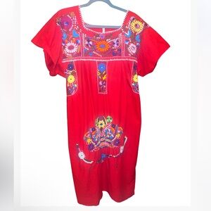 Vintage hand made embroidered red dress made in Mexico